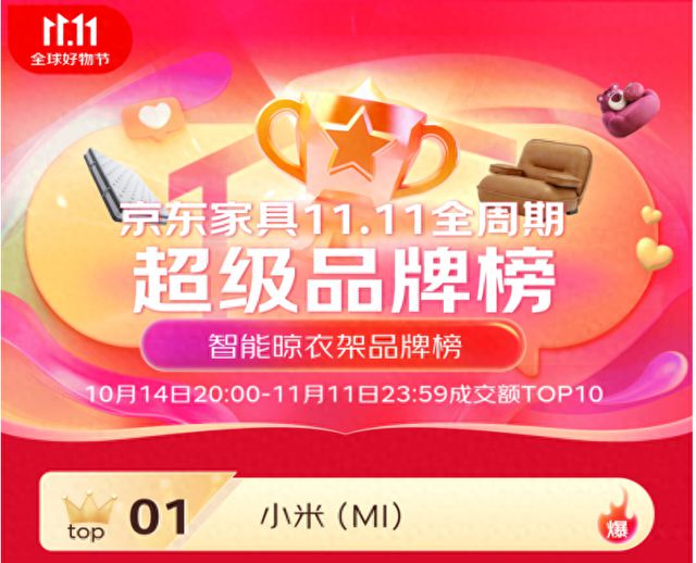 前三 米家智能晾衣机双11京东成交额TOP1凯发k8国际娱乐首选6大单品上榜 包